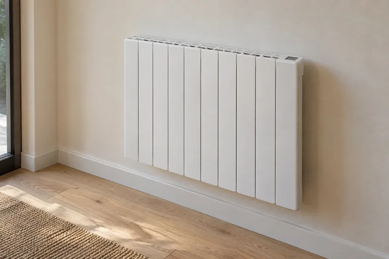 Radiateur électrique mural blanc avec thermostat intégré, illustration créée pour 99outils.