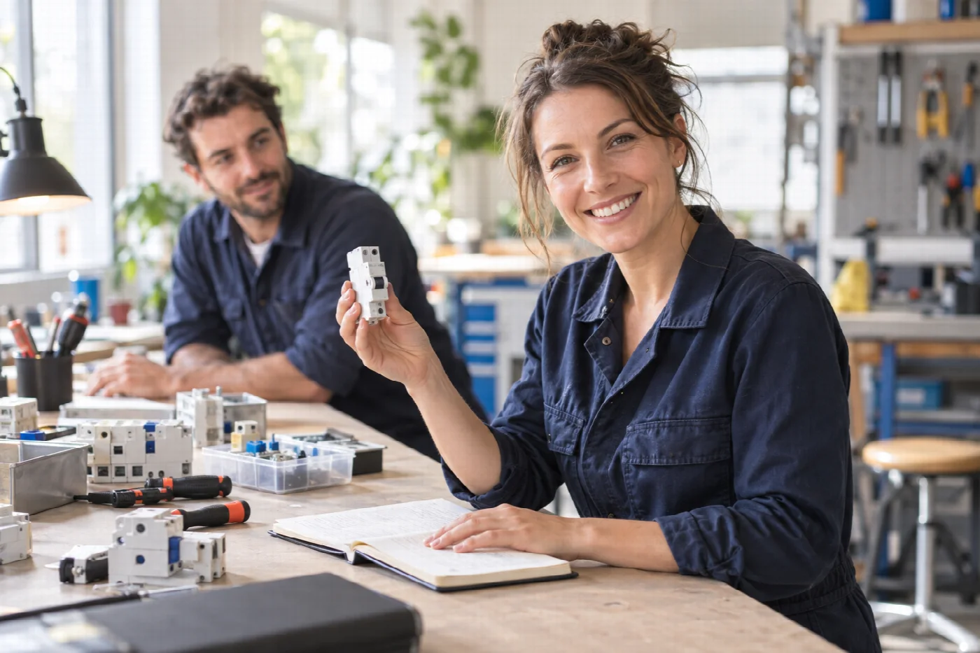 Illustration : une femme présente un appareil électrique dans un atelier, avec un collègue.