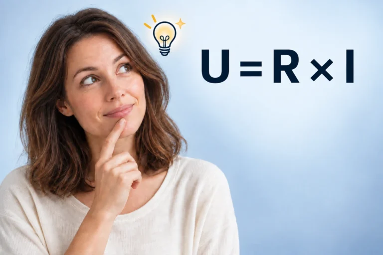 Femme en réflexion avec une ampoule lumineuse près de la tête et la formule U = R × I.