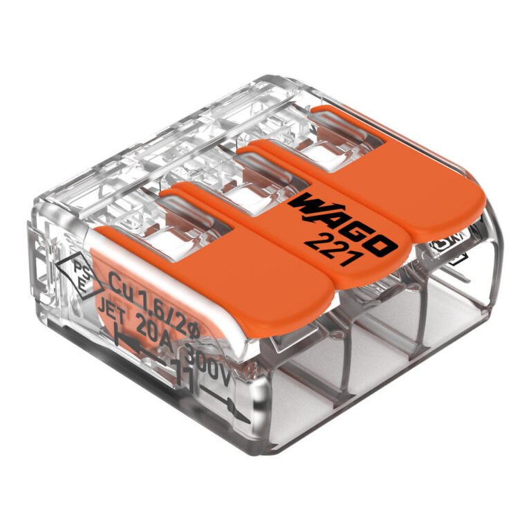 Borne WAGO 221-413 transparente à trois entrées et trois leviers orange.