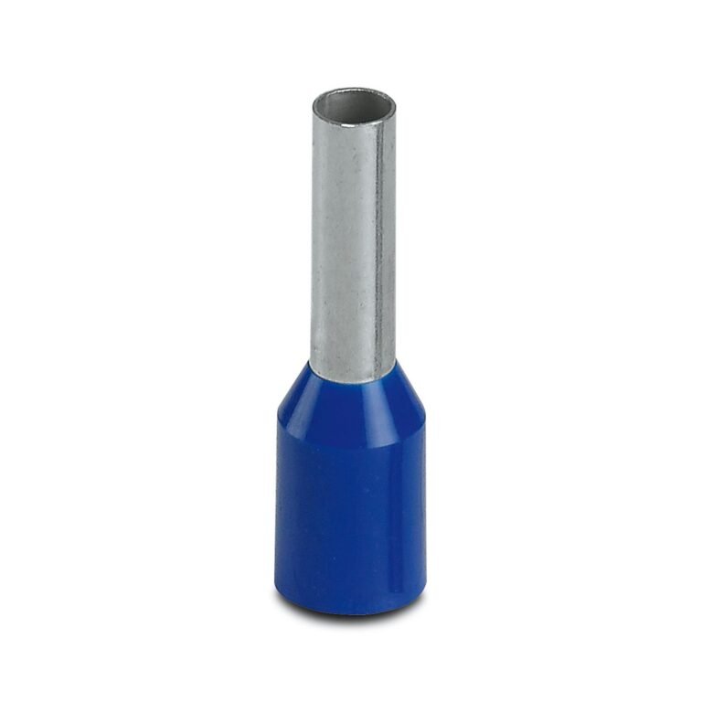 Embout de câblage Phoenix Contact 3200522, tube métallique et collerette isolante bleue.