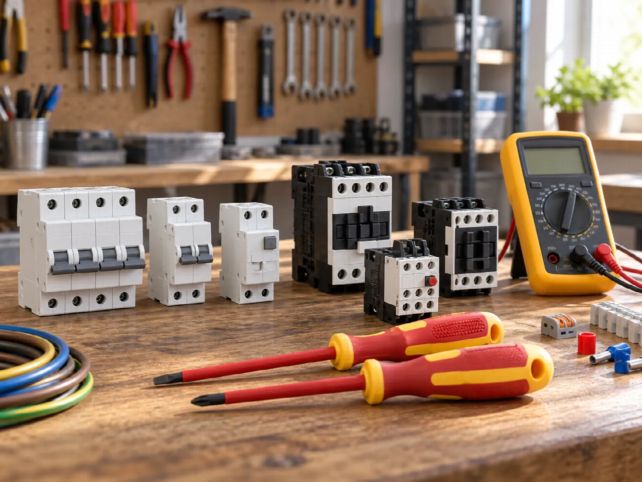 Matériel électrique et outils sur un établi.