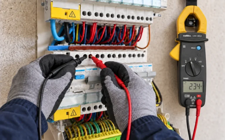 Mesure au tableau électrique avec un Metrix MX 350 affichant 234 V.