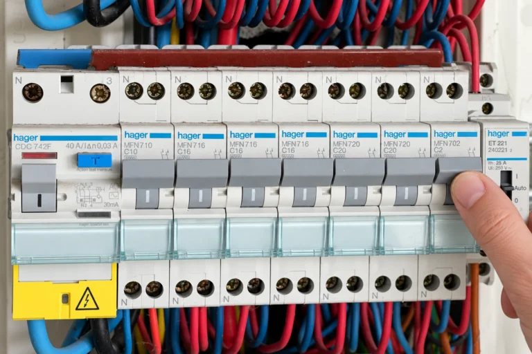 Gros plan sur une rangée de disjoncteurs Hager, avec une main sur la manette du dernier disjoncteur à droite.