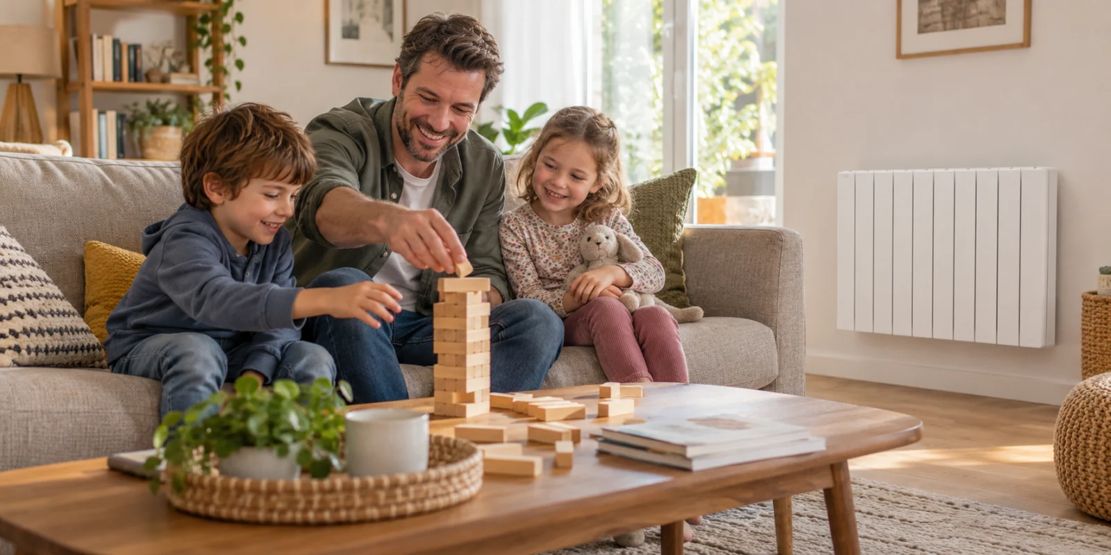 Un père joue avec ses deux enfants sur le canapé, avec un radiateur électrique mural à l’arrière-plan.