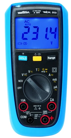 Metrix MTX 203 : écran en haut, boutons en dessous, sélecteur au centre et quatre prises en bas.