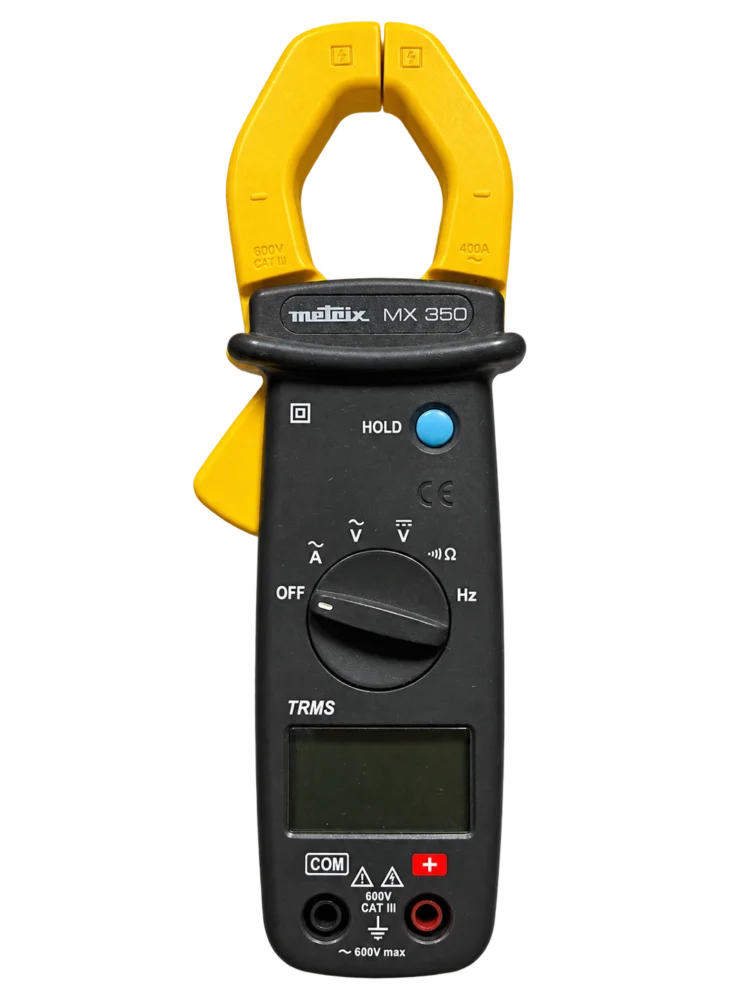 Metrix MX 350 détouré : mâchoires jaunes, bouton HOLD, sélecteur et écran.